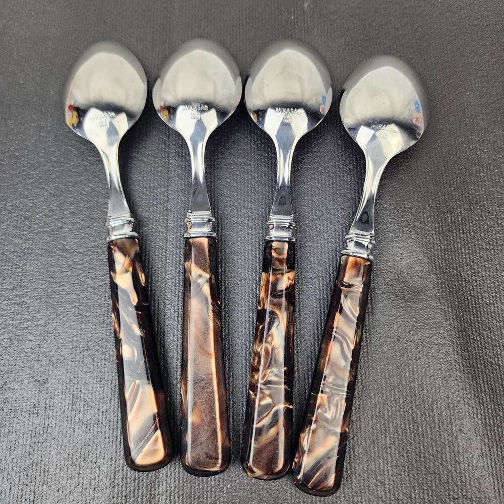 4 MIKASA Tortoise Handle Flatware Brown Acrylic Handle Soup /Tablespoons 8.5" - Picture 4 of 6